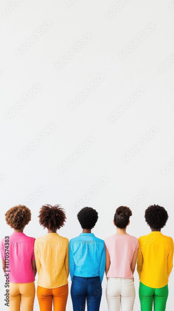 Group of eight individuals in colorful outfits standing together in a minimalist setting, facing away from the camera Group of eight individuals in colorful outfits standing together in a minimalist setting, facing away from the camera
