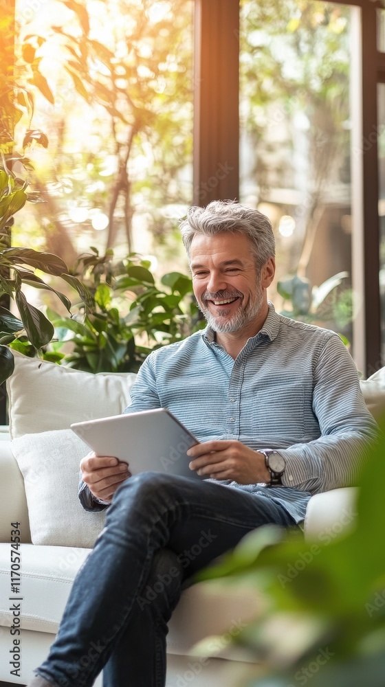 Fototapeta premium Engaging senior man enjoying tablet while relaxing in a bright indoor garden space filled with vibrant plants