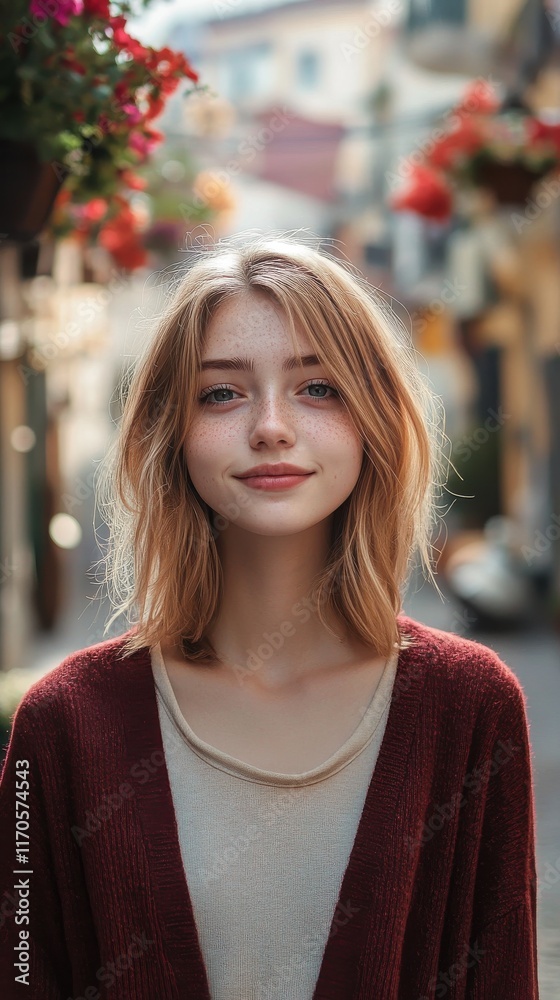 Obraz premium Vibrant minimalist portrait of a young woman in a charming street setting during golden hour