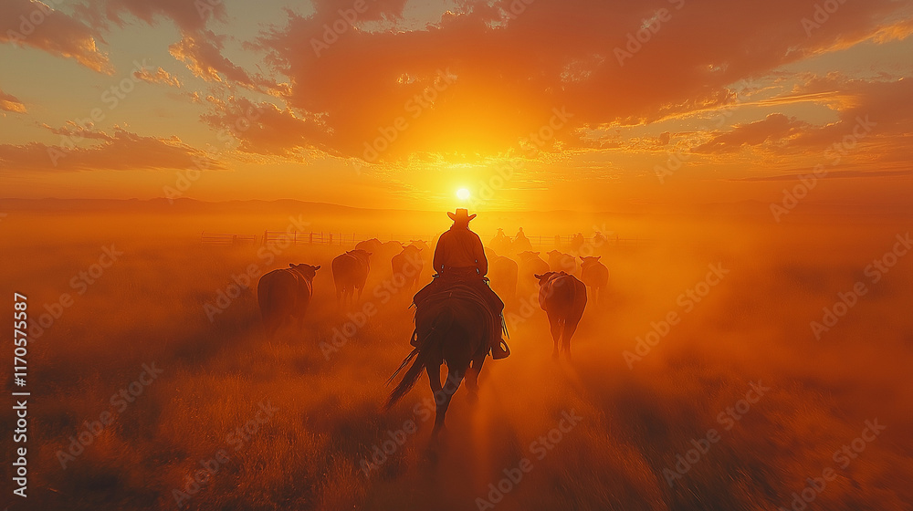 Fototapeta premium Cowboy with horse at a sunset