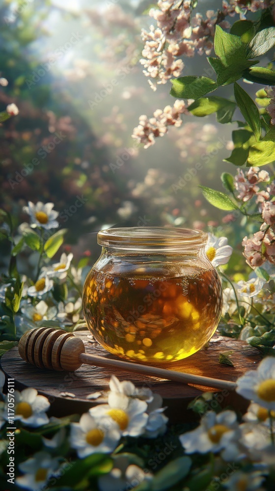 Close-up of a glass jar filled with honey surrounded by blooming flowers in a serene garden setting Close-up of a glass jar filled with honey surrounded by blooming flowers in a serene garden setting