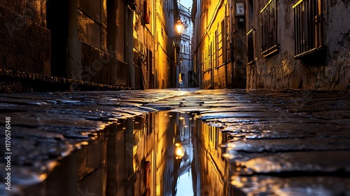 Fototapeta Naklejka Na Ścianę i Meble -  A street with a puddle of water reflecting the street lights