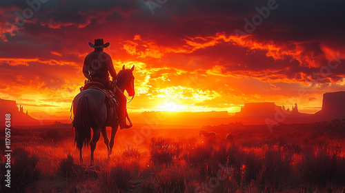 Cowboy with horse at a sunset