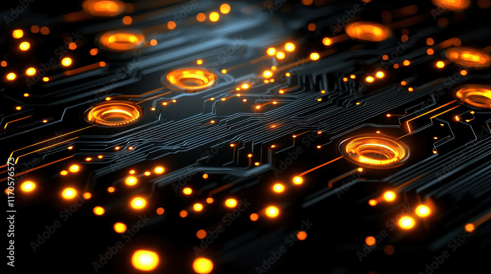 Naklejka premium Futuristic circuit board with glowing orange lights.