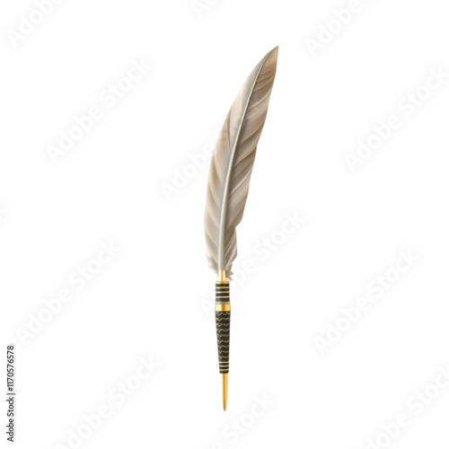 Image of feather pen on white background.