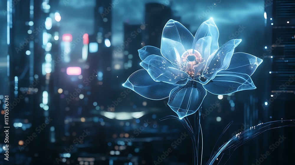 Fototapeta premium A flower is shown in a cityscape with a blue hue