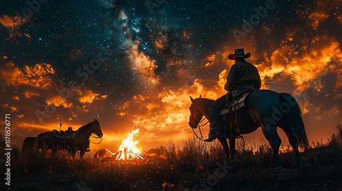 Cowboy with horse at a sunset