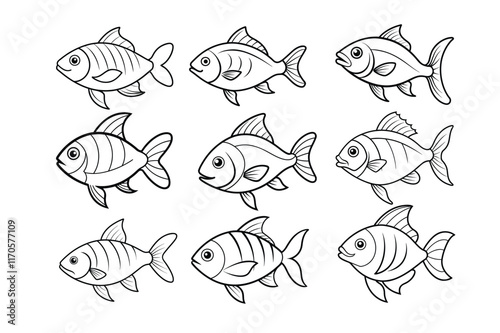 Cute line art underwater sea animals and tropical fishes vector illustration set for aquarium, ocean life, marine nature, fishing, design, and seamless pattern art