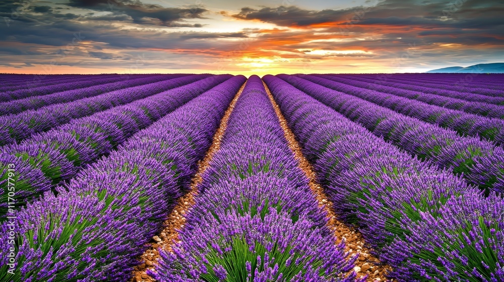 Naklejka premium Vibrant lavender fields at sunset under a dramatic sky.