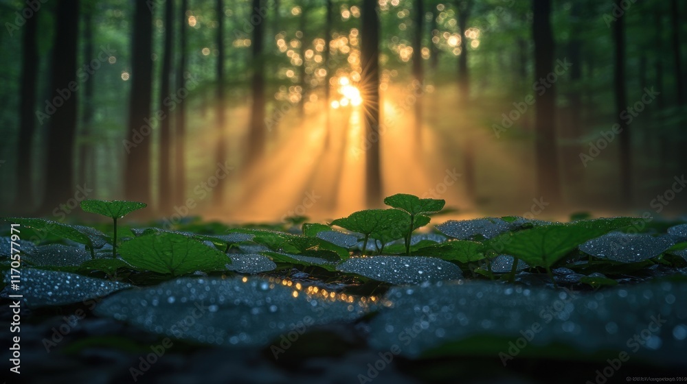 Fototapeta premium Sunbeams through misty forest illuminating dew-covered foliage.