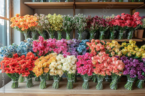 Bunches of colorful flowers arranged on shelves and table in a flower shop.