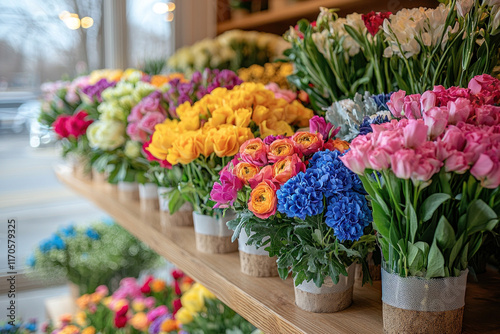 Colorful flower bouquets in a flower shop.