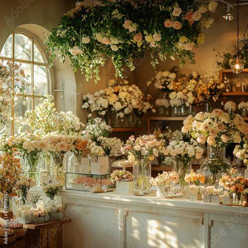 Flower shop interior with bouquets, arrangements, and sunlight.