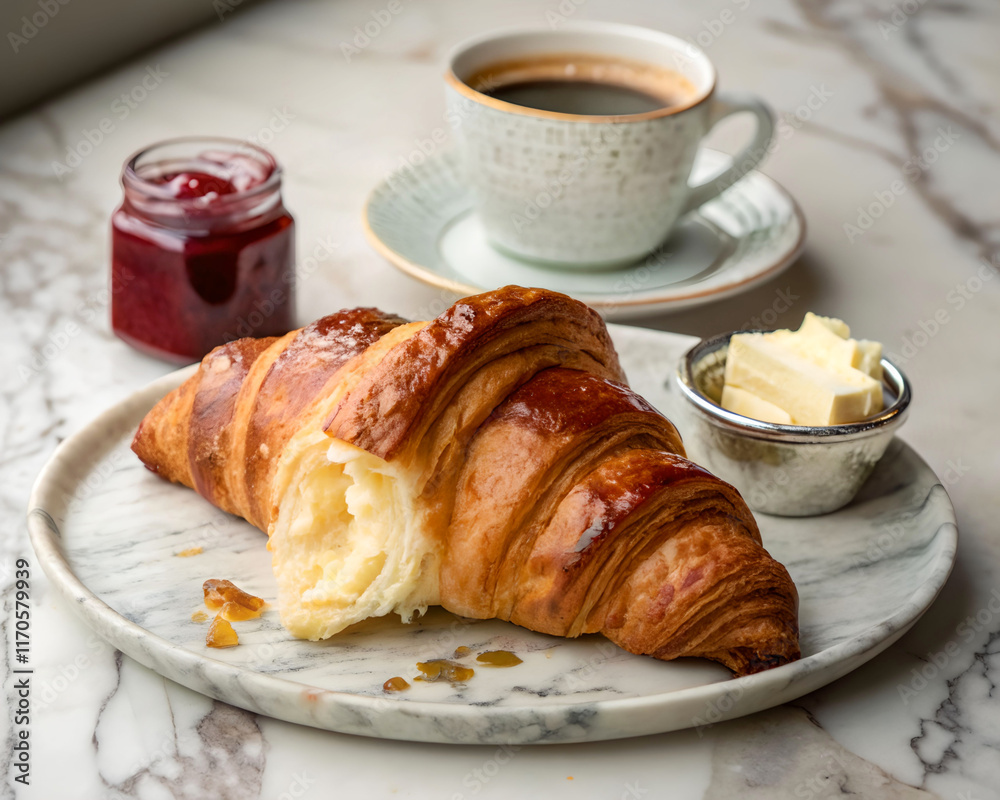 breakfast setup on a marble table, featuring a croissant on a plate, a cup of coffee with a spoon, a jar of jam, and a small container of butter. breakfast setup on a marble table, featuring a croissant on a plate, a cup of coffee with a spoon, a jar of jam, and a small container of butter.