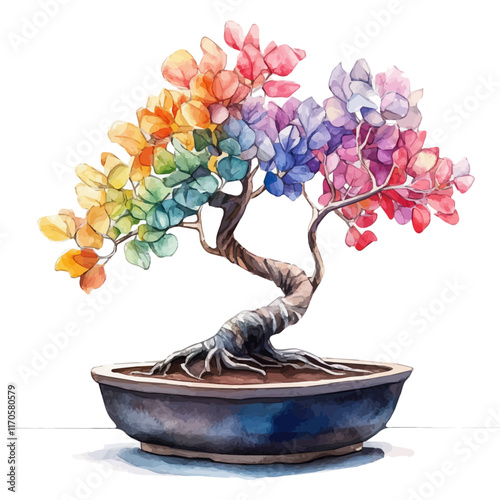 A watercolor vector painting of a Rainbow Eucalyptus Bonsai tree, isolated on a white background. Rainbow Eucalyptus Bonsai tree vector.

