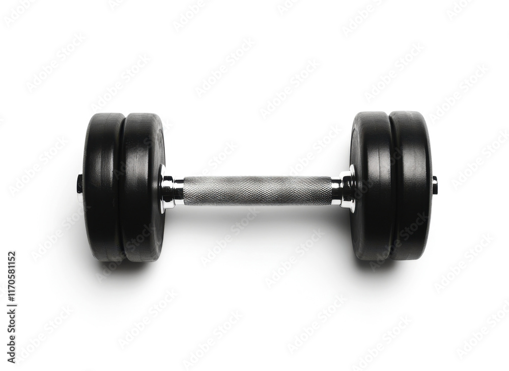 Black dumbbell placed on a white background ready for weight training exercises at home or gym Black dumbbell placed on a white background ready for weight training exercises at home or gym