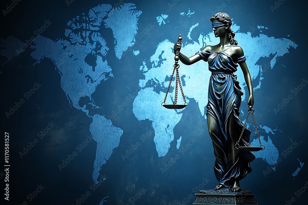 Fototapeta premium Global Justice: Lady Justice Statue with World Map Background