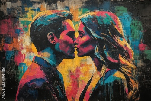 Vibrant Street Art Mural of Leaders Kissing in Pop Art Style Depicting Berlin Wall History photo