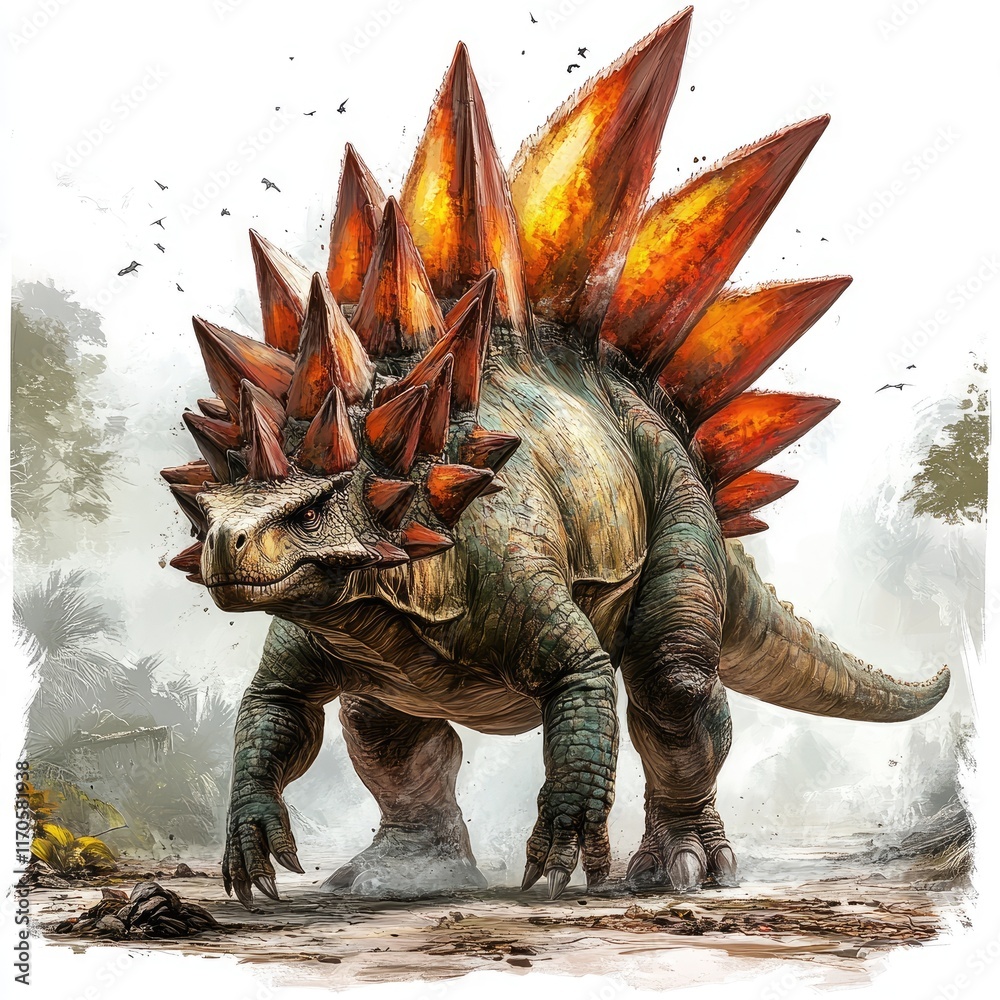 Fototapeta premium A stylized dinosaur resembling a stegosaurus with fiery spikes on its back.