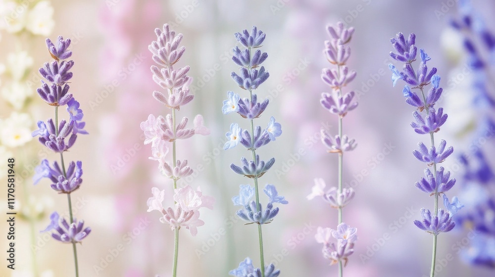 Obraz premium Soft pastel gradients display blooming lavender and mint flowers in a serene, dreamy setting