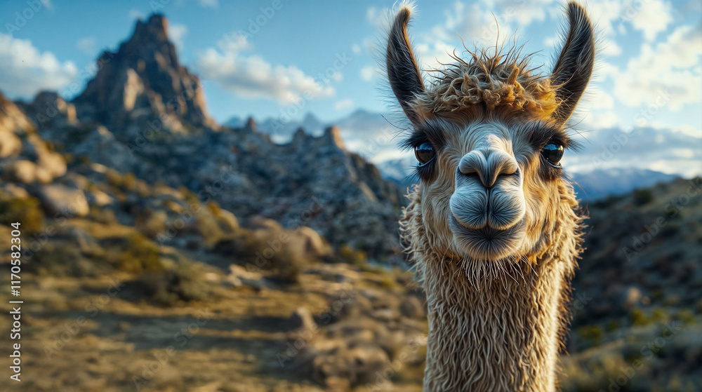 Obraz premium Curious alpaca close-up with scenic mountain landscape and blue sky in the background