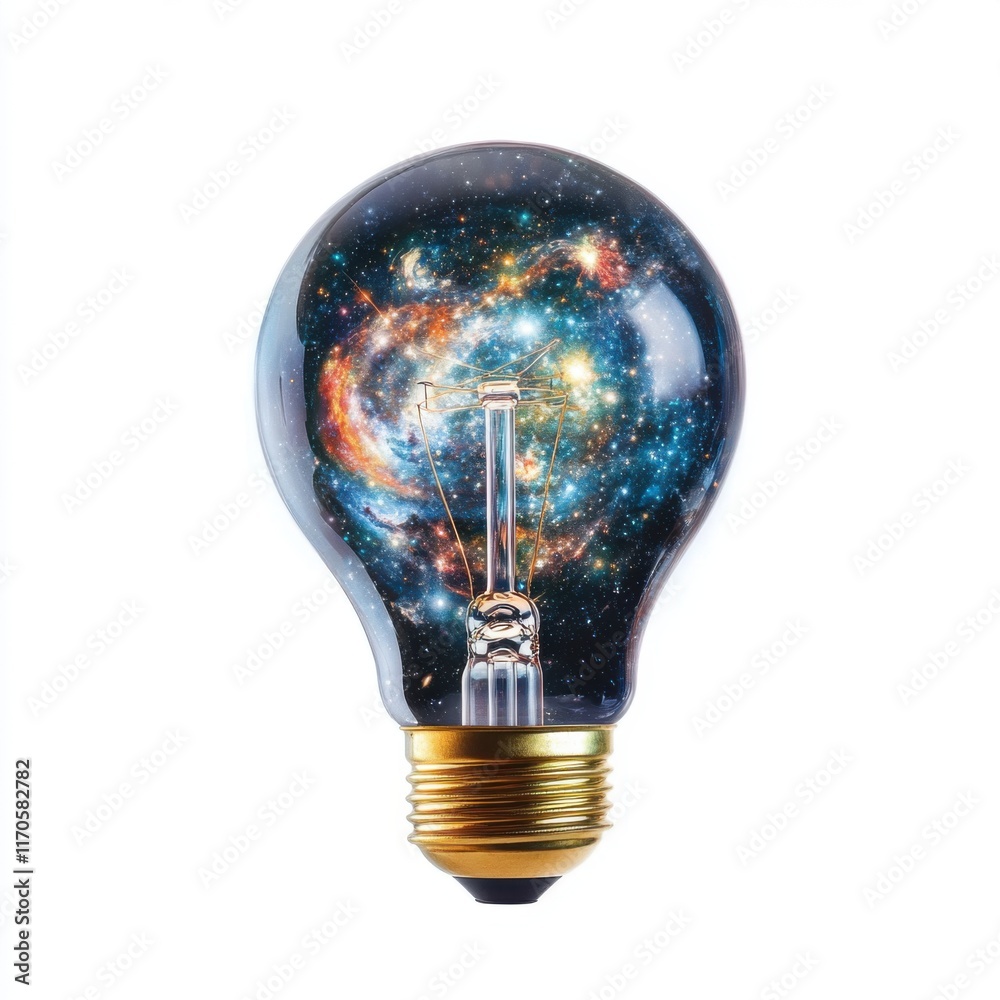 Creative light bulb design featuring a galaxy illustration with stars and cosmic colors Creative light bulb design featuring a galaxy illustration with stars and cosmic colors