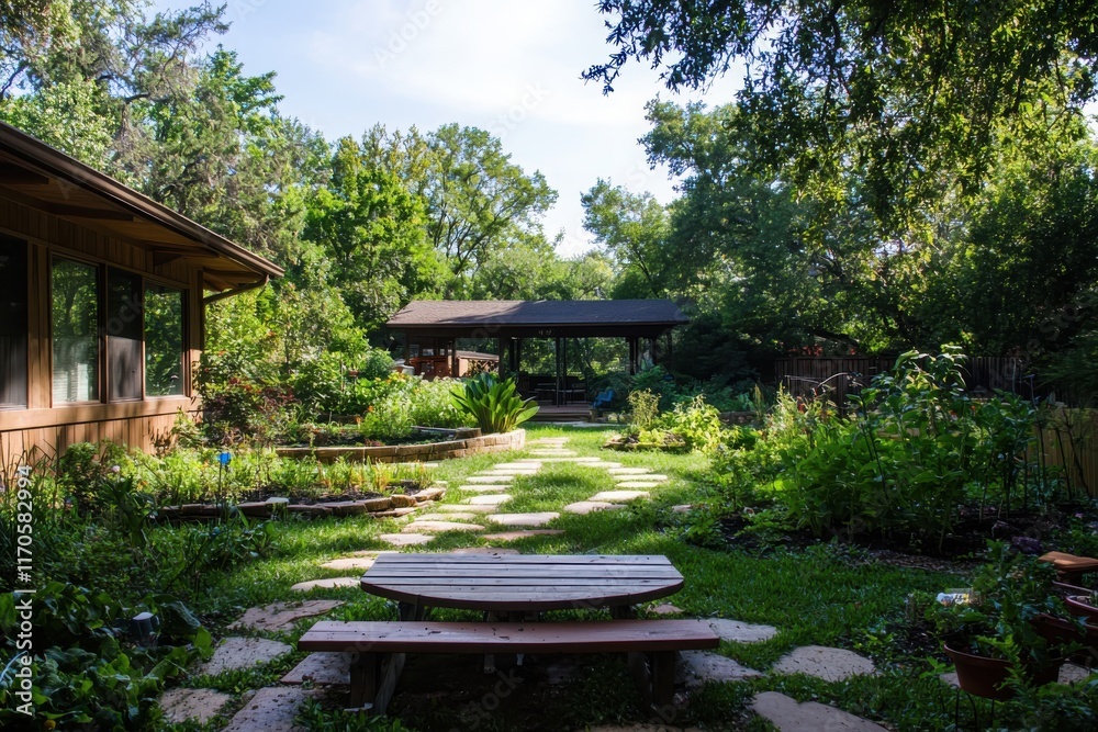 Obraz premium Nature meditation practices in a community garden urban green space photo lush environment ground level community involvement and fresh produce