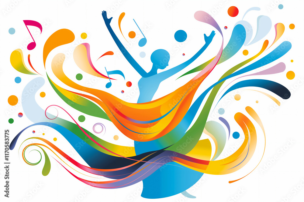 Abstract vibrant illustration of a dancing figure surrounded by flowing colorful shapes and musical notes, symbolizing joy, creativity, and the harmony of music and movement Abstract vibrant illustration of a dancing figure surrounded by flowing colorful shapes and musical notes, symbolizing joy, creativity, and the harmony of music and movement