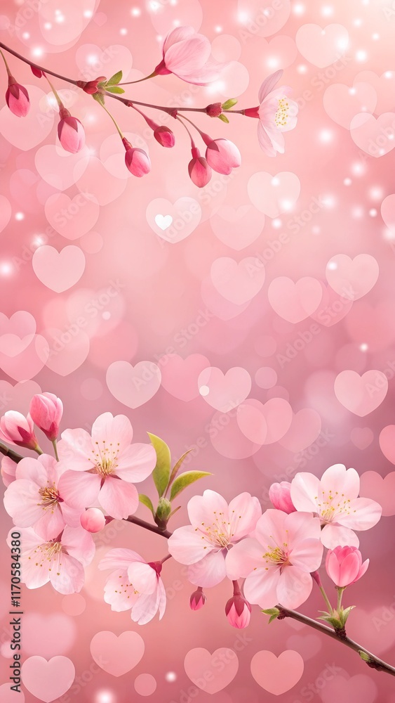 Delicate pink cherry blossoms rest against a dreamy pink heart bokeh background, evoking romance, nature, and Valentine's Day charm. Delicate pink cherry blossoms rest against a dreamy pink heart bokeh background, evoking romance, nature, and Valentine's Day charm.