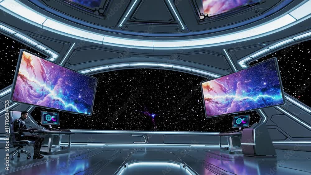Exploring futuristic space technology in a digital command center with stunning views of the cosmos