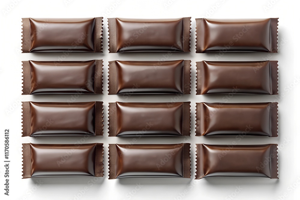 Naklejka premium Top-view mockup of twelve blank dark brown snack bar packages arranged in a grid pattern, perfect for branding presentations and product design layouts.