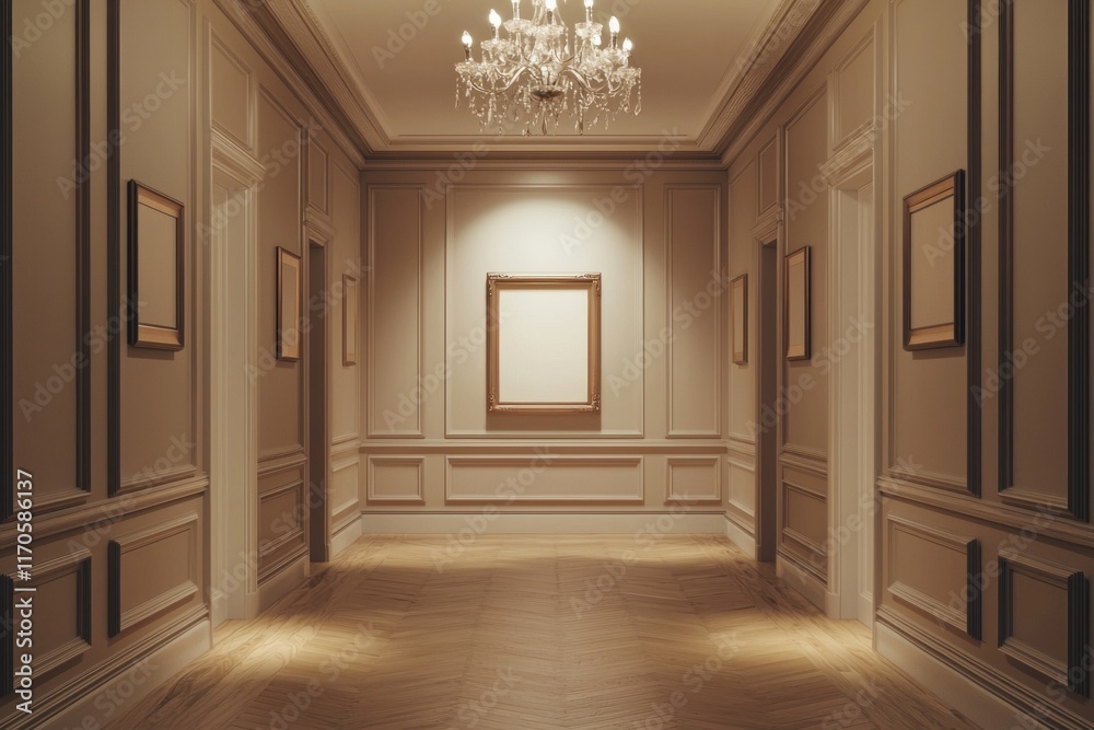 A symmetrical hallway with neutral-toned walls and an empty ornate frame in the center, illuminated by a chandelier. A symmetrical hallway with neutral-toned walls and an empty ornate frame in the center, illuminated by a chandelier.
