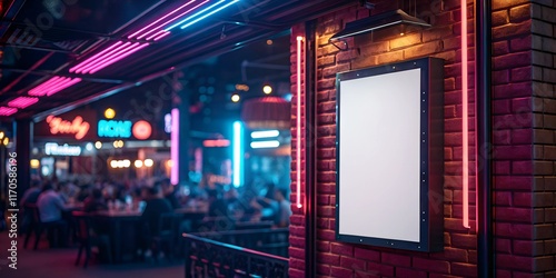 A mockup of a blank vertical poster on a textured brick wall surrounded by vibrant pink and blue neon lights, set in a lively nightclub scene.