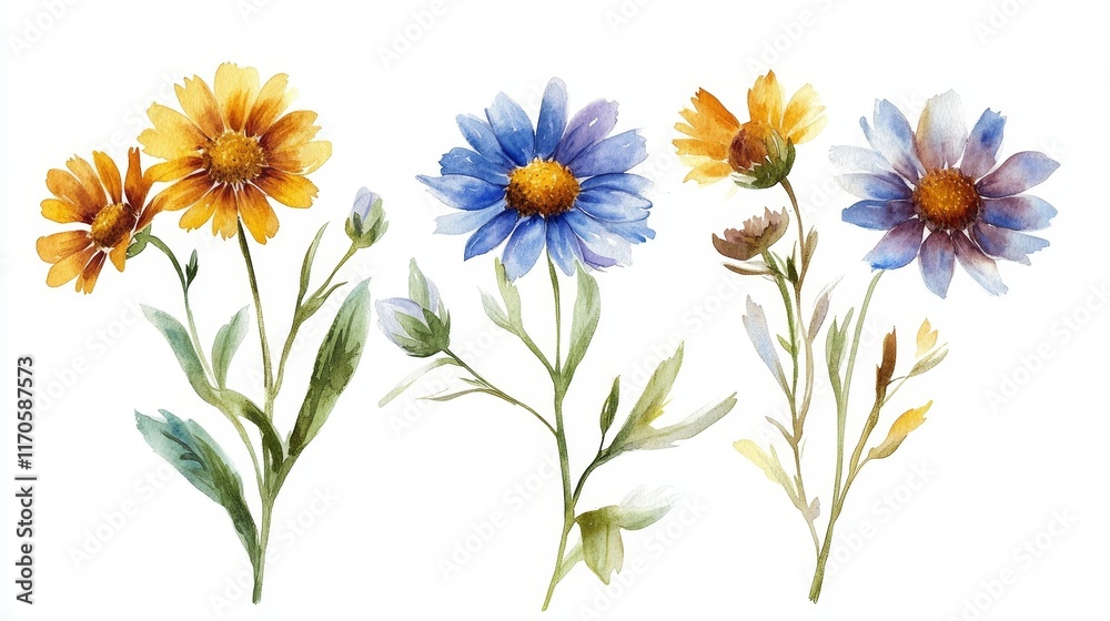 Obraz premium Vivid and bright three-piece natural watercolor painting of a chamomile branch, depicted in stunning detail on a white background. Ideal for floral, nature, and botanical design concepts.