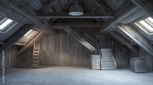 3D rendering of an unfinished loft with exposed wooden walls and silver roof insulation, capturing a raw construction aesthetic.