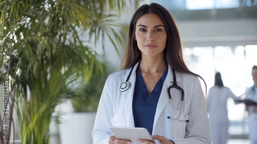 Confident female doctor in a modern medical facility during daylight, holding a tablet and ready for patient consultation Confident female doctor in a modern medical facility during daylight, holding a tablet and ready for patient consultation