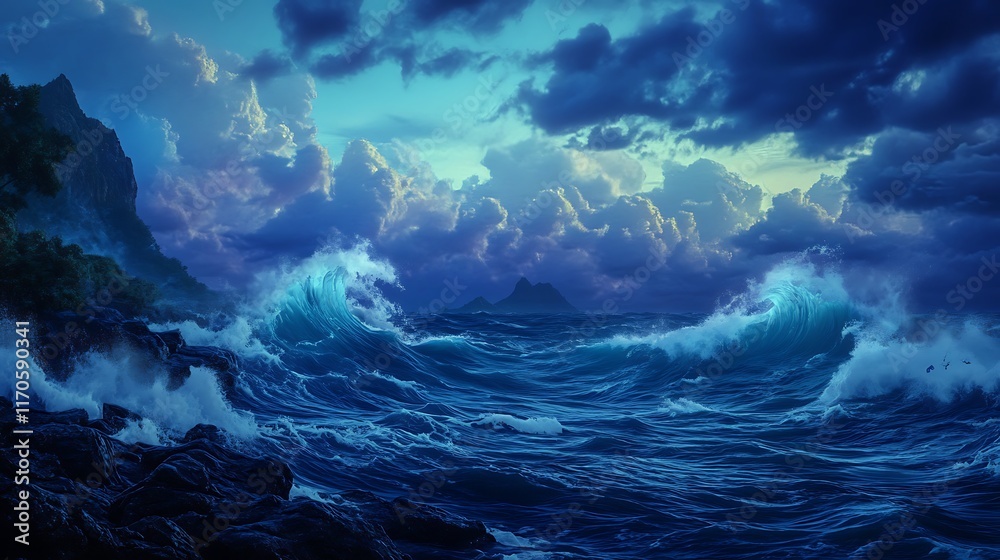 Fototapeta premium gentle waves crashing rocky shoreline