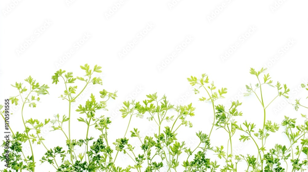 Fresh green herb sprigs arranged on white background; perfect for food blogs or recipe websites. Fresh green herb sprigs arranged on white background; perfect for food blogs or recipe websites.