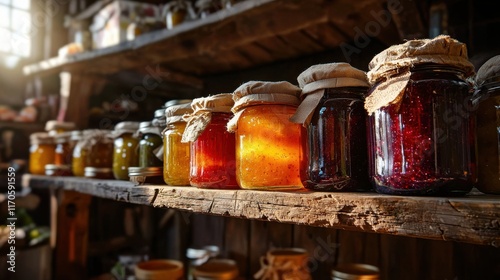 Homemade jam jars overflowing with colorful preserves on a rustic shelf bathed in sunlight