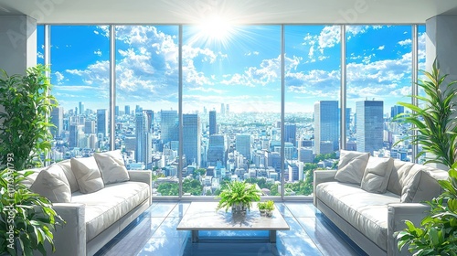 Sunny city view from modern apartment living room. (1)