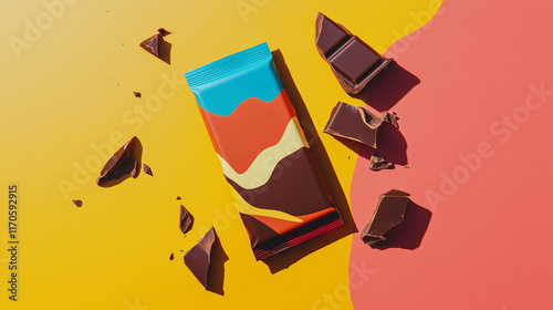 Conceptual illustration of chocolate bar pieces with wrapper photo