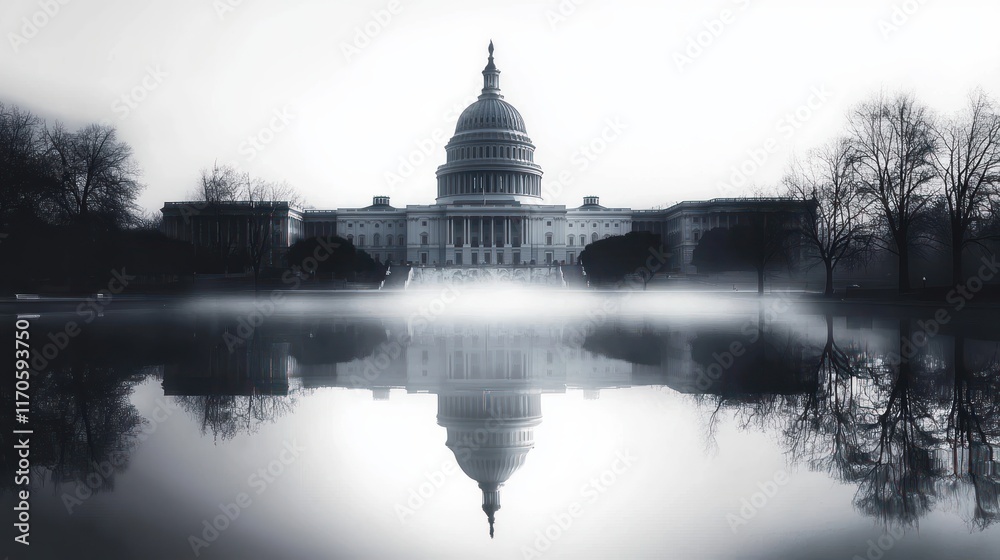 Obraz premium Minimalist Capitol Building Washington DC Illustration with Reflection in Water