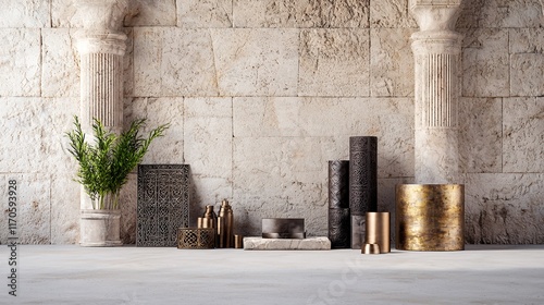 An artistic stone wall background featuring an array of meticulously crafted metal art pieces, showcasing intricate designs and textures. The high-quality finish of the metals contrasts beautifully photo