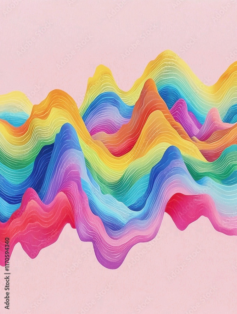 Vibrant rainbow waves on soft pink background digital art contemporary design abstract aesthetic