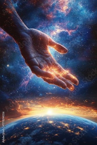 Cosmic Creation Depiction of God Reaching for Earth in Surrealism with Dawn Light and Starry Galaxy Background photo