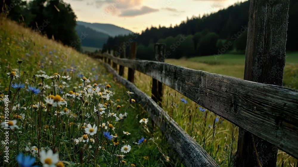 Rustic wooden fence surrounded by wildflowers in a serene meadow landscape at dusk Rustic wooden fence surrounded by wildflowers in a serene meadow landscape at dusk
