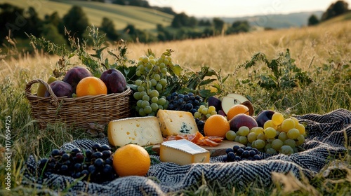 Picnic basket with fresh fruits and cheese on a meadow outdoor snack experience sunset landscape nature view photo