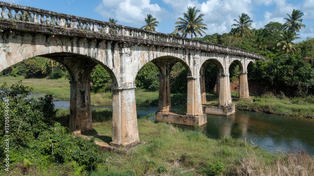 Historic old stone bridge crossing a gentle stream in lush green landscape nature tranquil environment Historic old stone bridge crossing a gentle stream in lush green landscape nature tranquil environment