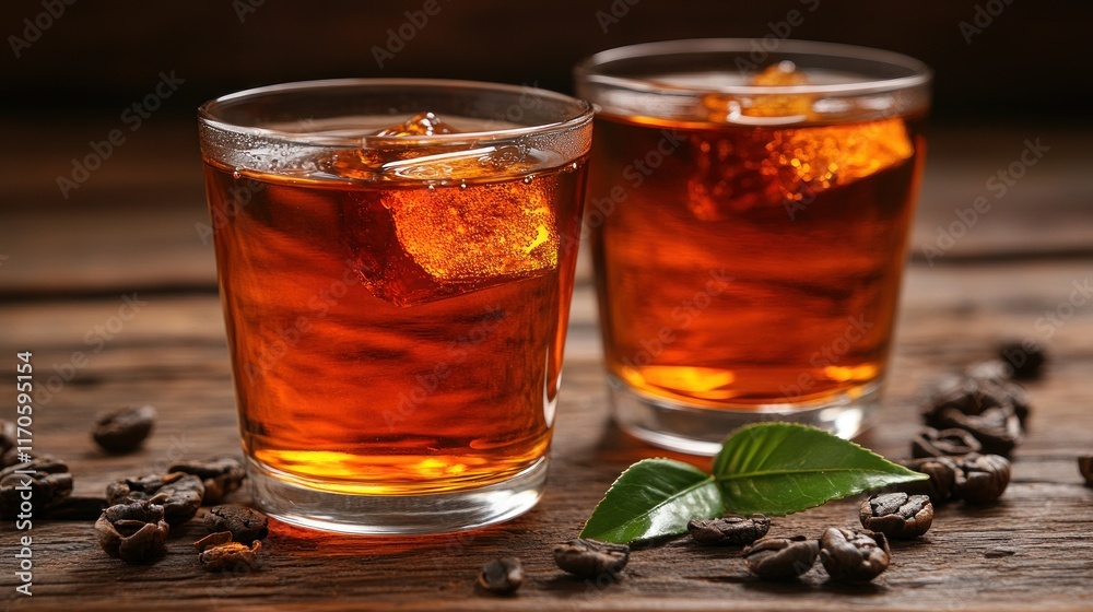 Two glasses of amber-colored drink with ice, surrounded by coffee beans and green leaves. Two glasses of amber-colored drink with ice, surrounded by coffee beans and green leaves.