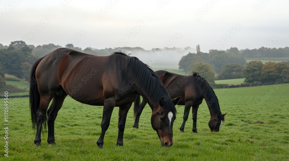 Fototapeta premium Grazing horses in a misty green meadow nature serene landscape peaceful environment